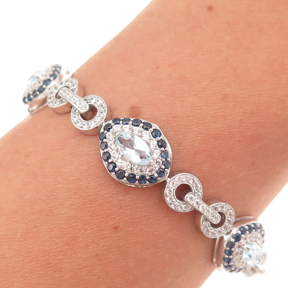 925 Sterling Silver Real Sapphire Blue & White Topaz Bracelet 7"